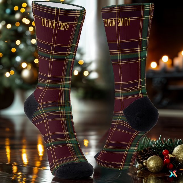 Classic Burgundy and Gold Christmas Plaid Custom Socks (Creator Uploaded)