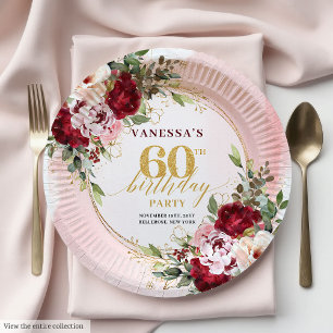 Classic Burgundy Blush Floral 60th Birthday Plates