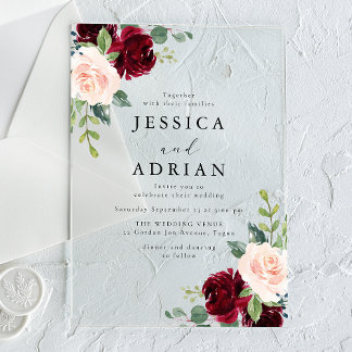 Classic Burgundy & Blush Floral Watercolor Wedding Acrylic Invitations