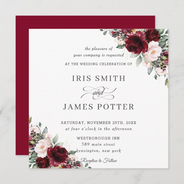 Classic Burgundy Blush Floral Wedding Square Invitation (Front/Back)