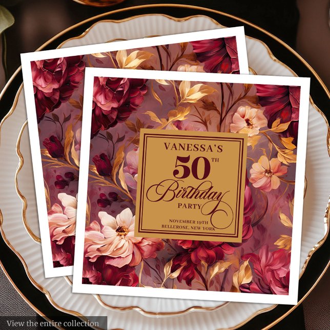 Classic Burgundy Blush Gold Floral 50th Birthday  Napkin (Classic Burgundy Blush Gold Floral 50th Birthday Paper Dinner Napkins)