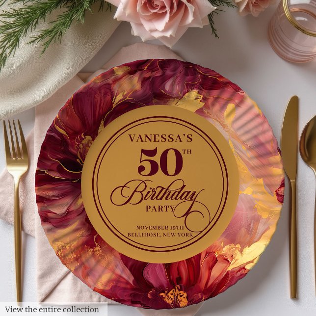 Classic Burgundy Blush Gold Flowers 50th Birthday  Paper Plate (Classic Burgundy Blush Gold Flowers 50th Birthday Paper Plates)
