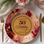 Classic Burgundy Blush Gold Flowers 50th Birthday  Paper Plate<br><div class="desc">✅ For matching items search 26-50 in my collections ✅ Make your milestone celebration unforgettable with our 50th Birthday Paper Plates collection, featuring watercolor florals in rich burgundy, marsala, maroon, deep red, and soft blush shades, accented with shimmering gold leaves. Perfect for women’s milestone birthdays, these plates combine boho-inspired elegance...</div>