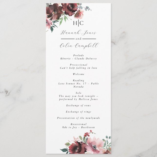 Classic Burgundy Blush Rose & Peony Programme (Front)