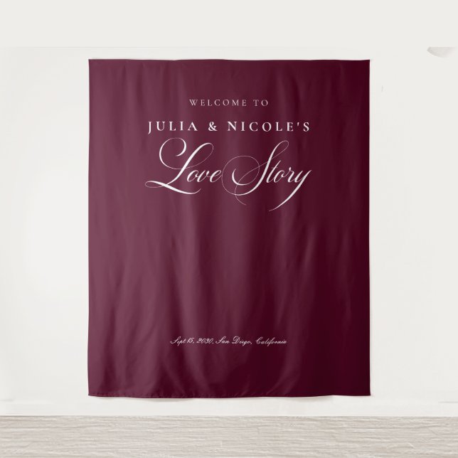 Classic Burgundy Calligraphy Wedding Backdrops Tapestry (Front)