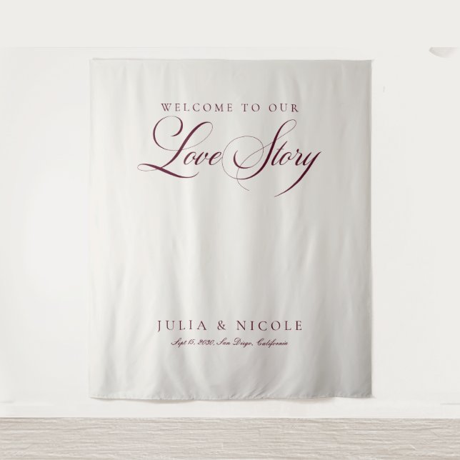 Classic Burgundy Calligraphy Wedding Backdrops Tapestry (Front)