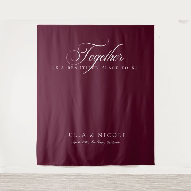 Classic Burgundy Calligraphy Wedding Backdrops Tapestry (Front)