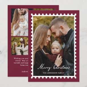 Classic Burgundy Christmas Postage Stamp 5 Photo Holiday Card