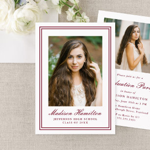 Classic Burgundy Double Border Photo Graduation Invitation
