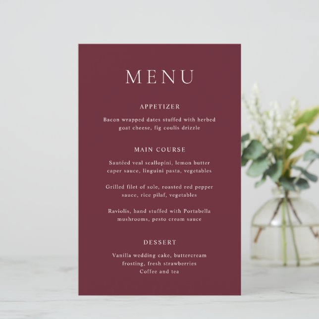 Classic Burgundy Elegant Wedding Menu (Standing Front)