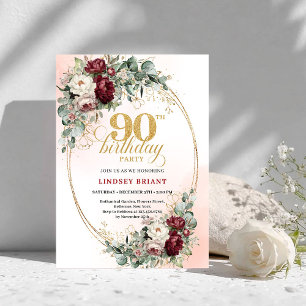 Classic Burgundy Floral Gold 90th Birthday Invite