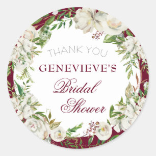 Classic Burgundy Floral Gold Bridal Shower Thanks Round Sticker