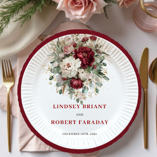 Classic Burgundy Floral Greenery Gold Wedding Paper Plate