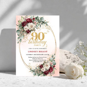 Classic Burgundy Flowers Gold 90th Birthday Invite