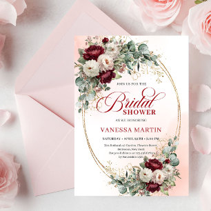 Classic Burgundy Flowers Gold Bridal Shower Card