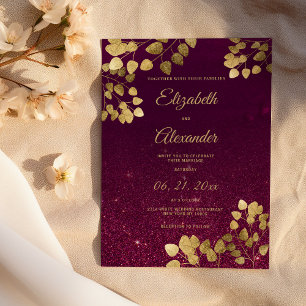Classic burgundy glitter gold eucalyptus Wedding Invitation