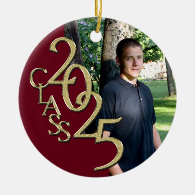 Classic Burgundy Gold 2025 Graduate Photo Ceramic Tree Decoration (Front)