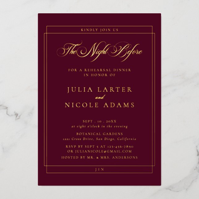 Classic Burgundy Gold Calligraphy Rehearsal Dinner (Front)