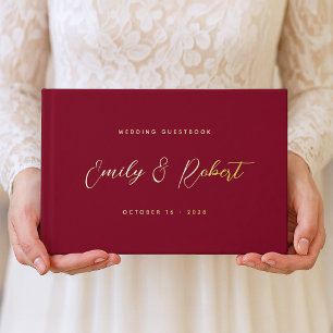 Classic Burgundy Gold Calligraphy Wedding Photo Guest Book