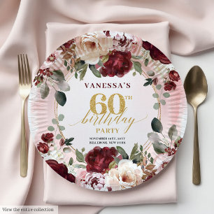 Classic Burgundy Gold Floral Boho 60th Birthday  Paper Plate