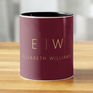 Classic Burgundy Gold Minimalist Monogram Two-Tone Coffee Mug