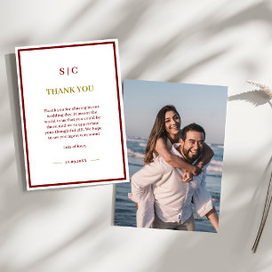 Classic Burgundy & Gold Monogram Photo Wedding Thank You Card