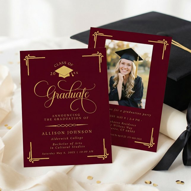 Classic Burgundy Gold Photo Graduation Invitation (Creator Uploaded)