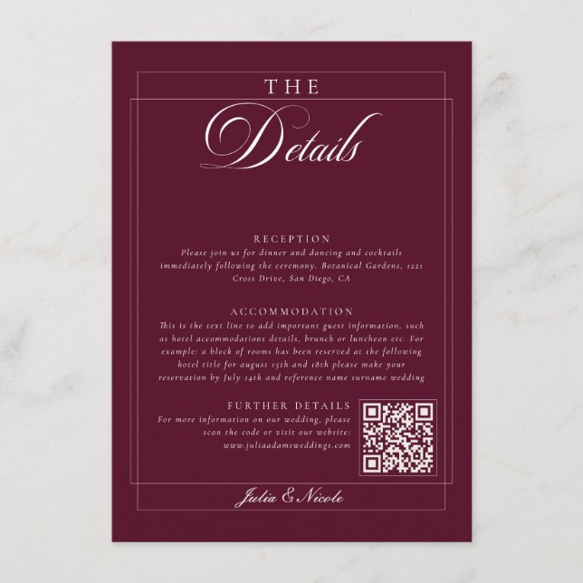 Classic Burgundy Ivory Calligraphy QR Code Details Enclosure Card (Front)