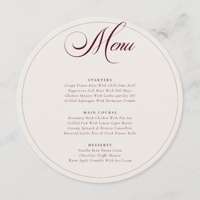 Classic Burgundy Ivory Calligraphy Wedding Menu (Front)