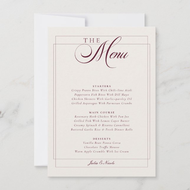 Classic Burgundy Ivory Calligraphy Wedding Menu Invitation (Front)