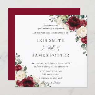 Classic Burgundy Ivory Floral Wedding Square Invitation