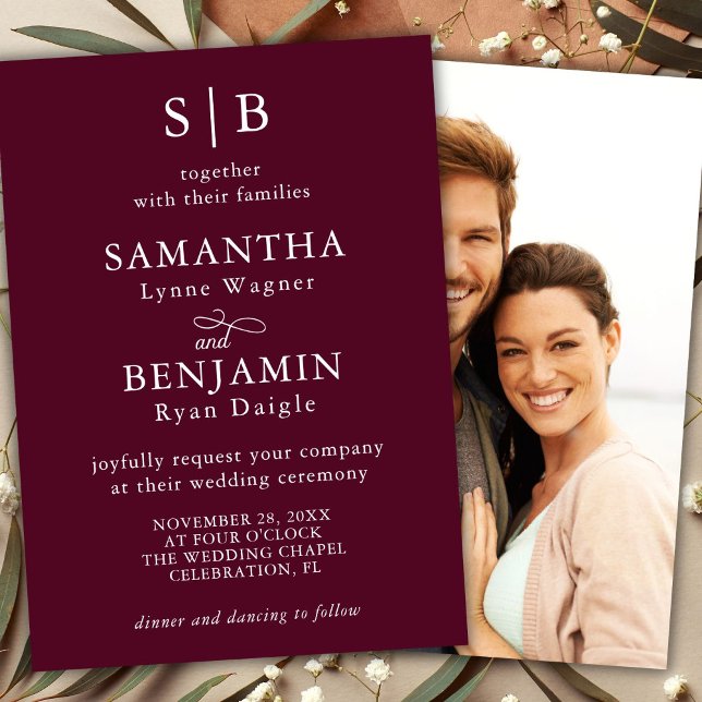 Classic Burgundy Monogram Photo Wedding Invitation (Creator Uploaded)