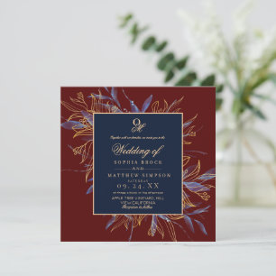 Classic Burgundy Navy Blue Floral Wedding Invitation