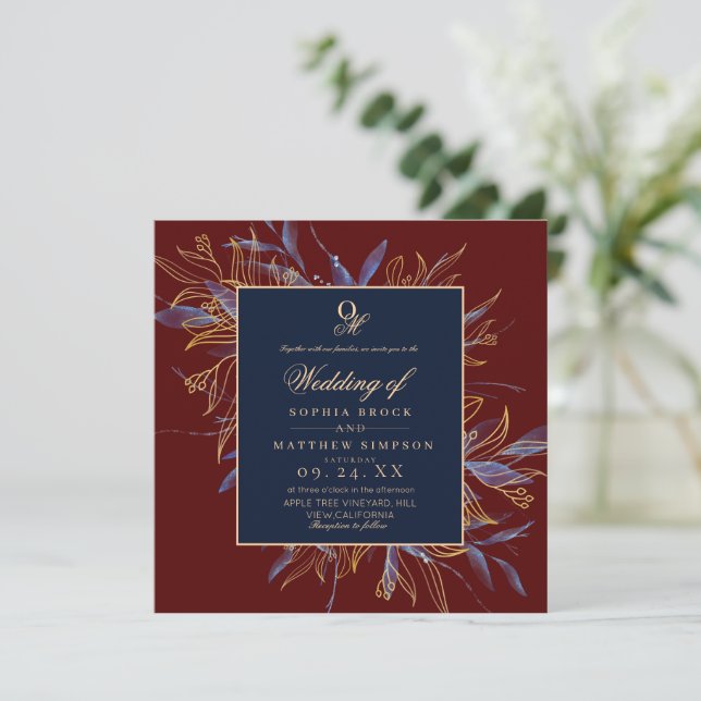 Classic Burgundy Navy Blue Floral Wedding Invitation (Standing Front)