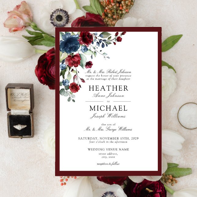 Classic Burgundy & Navy Floral Watercolor Script Invitation (Creator Uploaded)