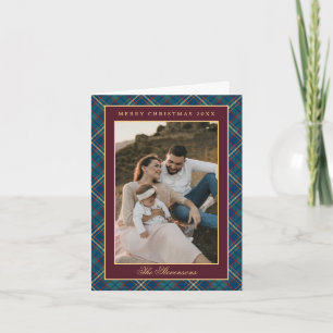Classic Burgundy Navy Plaid Photo Christmas Folded Holiday Card