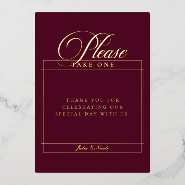 Classic Burgundy Please Take One Wedding Sign (Front)