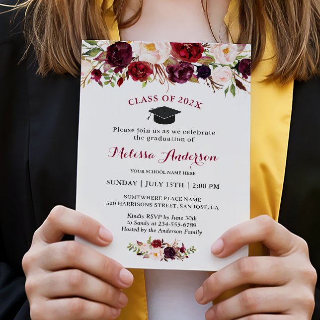 Classic Burgundy Red Floral Graduation Party Invitation (Creator Uploaded)
