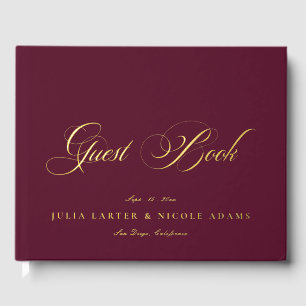 Classic Burgundy Red Gold Calligraphy Wedding Guest Book