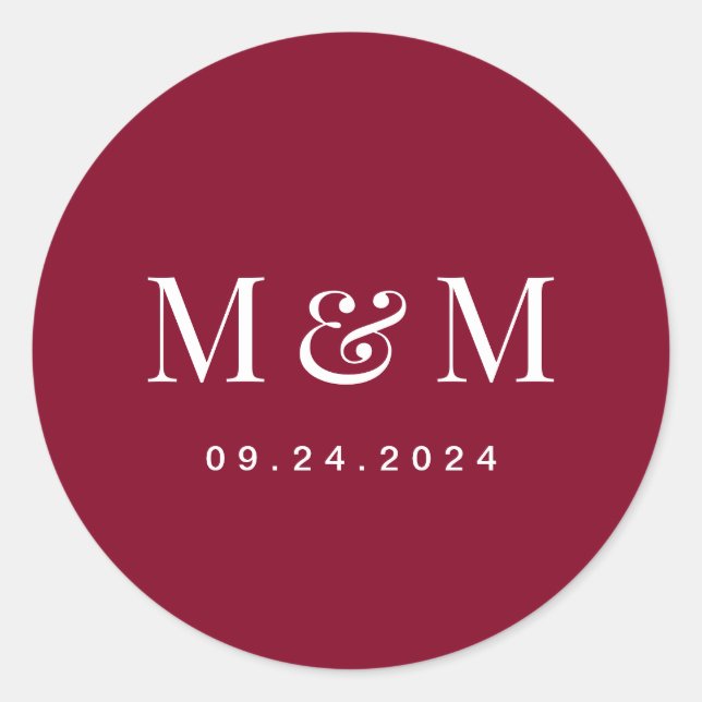Classic  Burgundy Red Monogram Typography Wedding Round Sticker (Front)