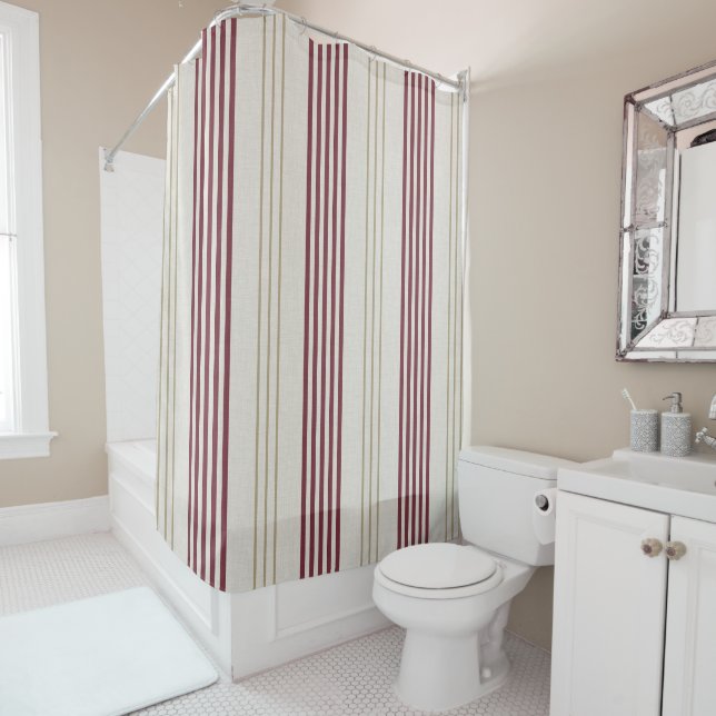 Classic Burgundy Red Ticking Stripe Pattern Shower Curtain (In Situ)