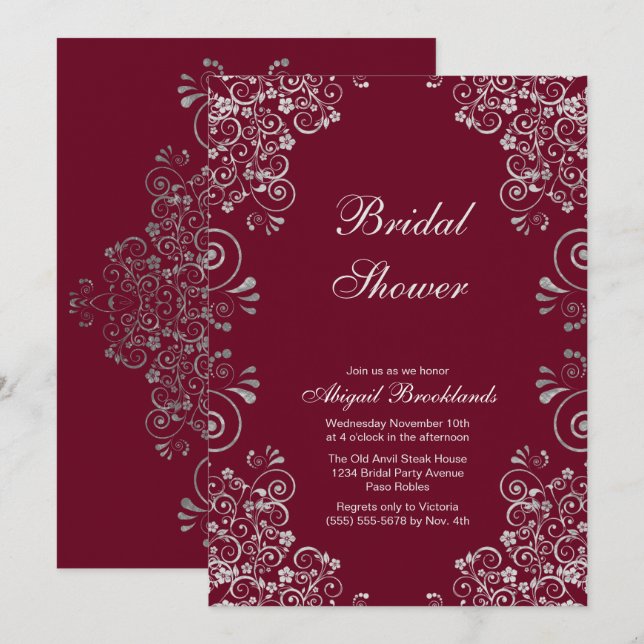 Classic Burgundy Silver Scrolls Bridal Shower Invitation (Front/Back)