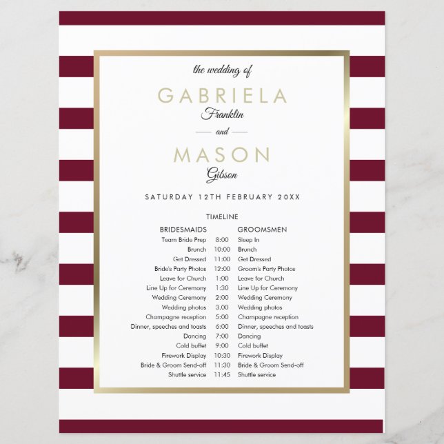 Classic Burgundy Stripe Wedding Schedule Timeline (Front)