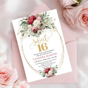 Classic Burgundy White Gold Floral Sweet 16 Invite