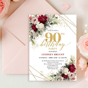 Classic Burgundy White Gold Roses 90th Birthday  Invitation