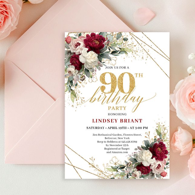 Classic Burgundy White Gold Roses 90th Birthday  Invitation (Classic Burgundy White Gold Roses 90th Birthday Card

)