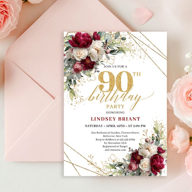 Classic Burgundy White Roses 90th Birthday Invite (Classic Burgundy White Roses 90th Birthday Invite)