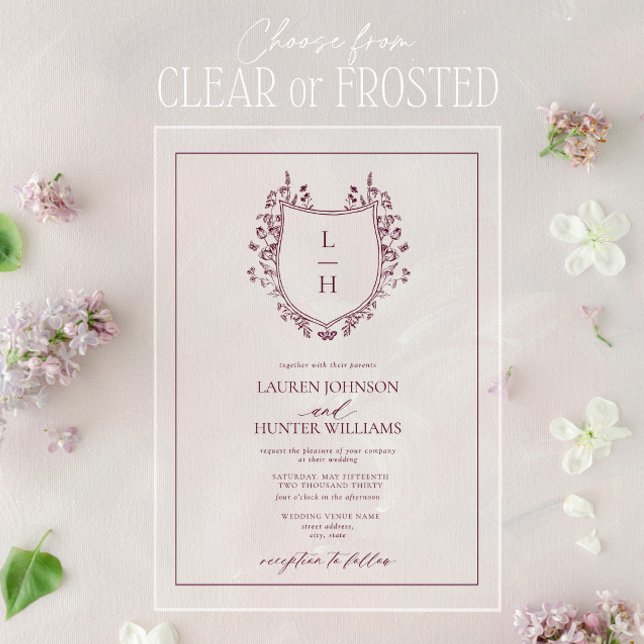 Classic Burgundy Wildflower Monogram Crest Wedding Acrylic Invitations (Creator Uploaded)