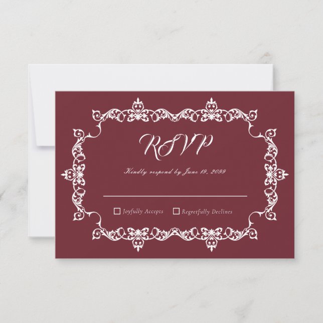 Classic Burgundy Wine Ornately Framed Wedding RSVP Card (Front)