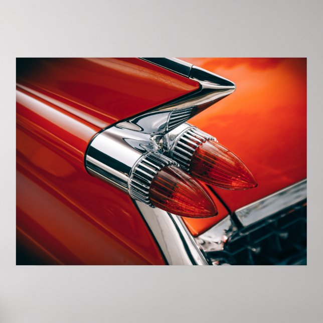 Classic Cadillac Tail Fin Auto Red Car Poster Art (Front)